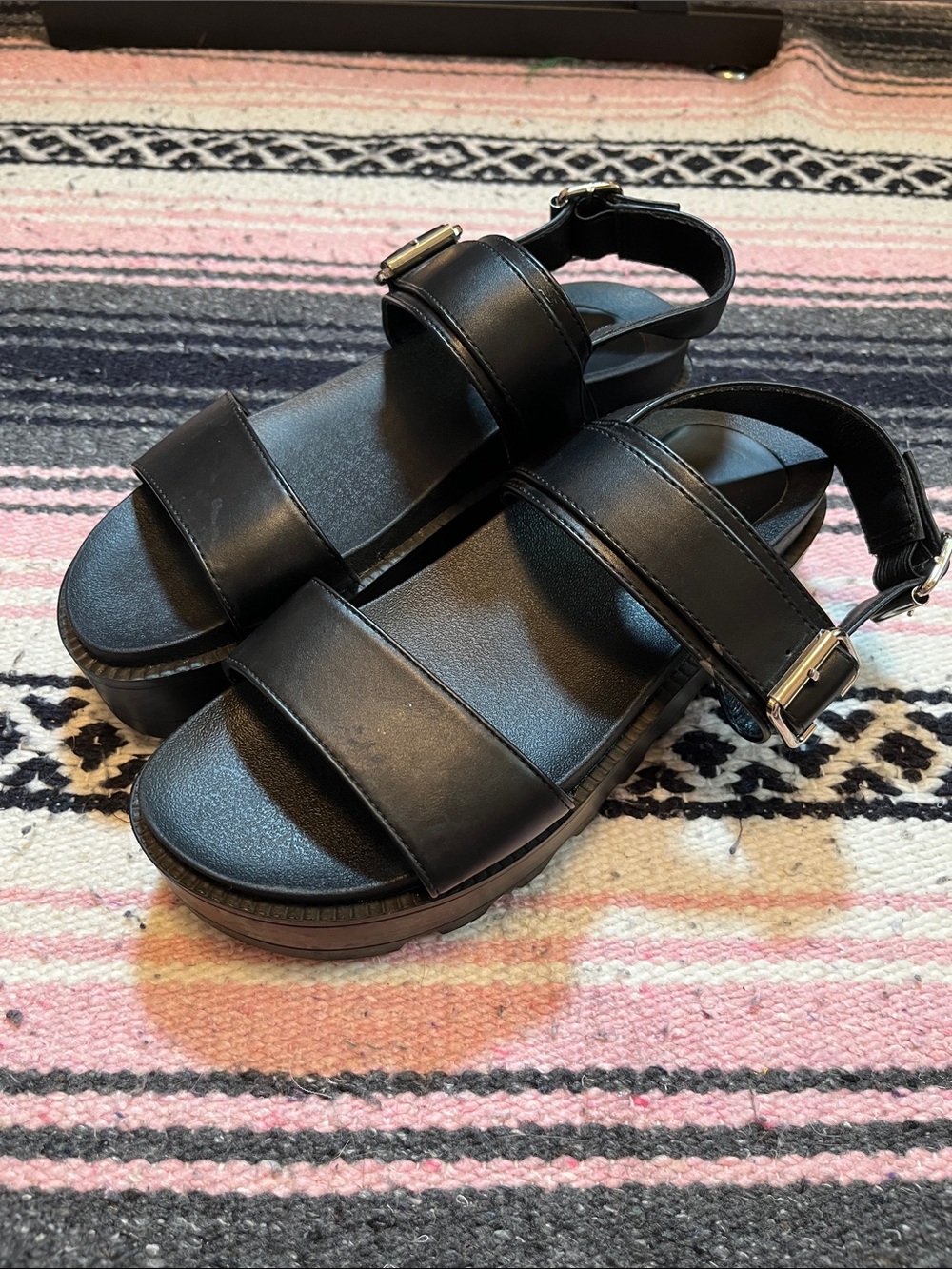 Black Platform Double-Strap Sandals